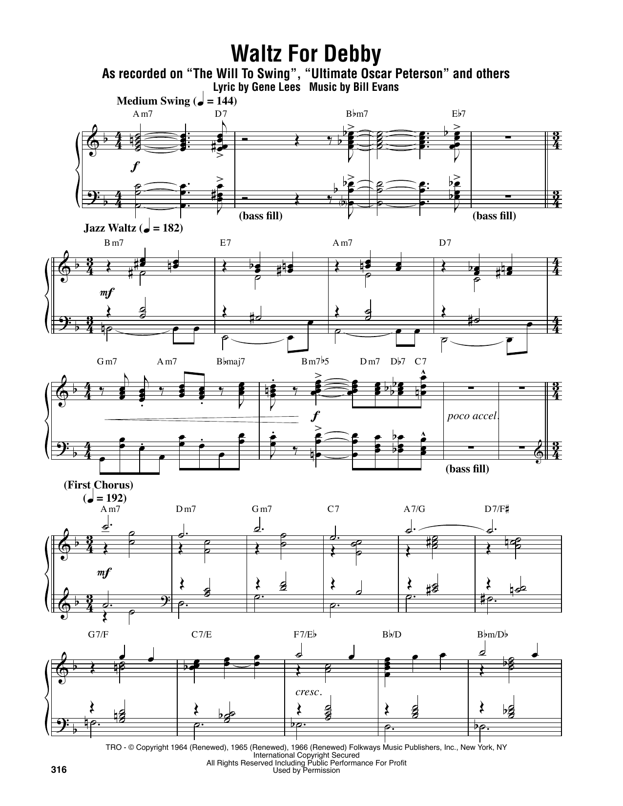 Download Oscar Peterson Waltz For Debby Sheet Music and learn how to play Piano Transcription PDF digital score in minutes