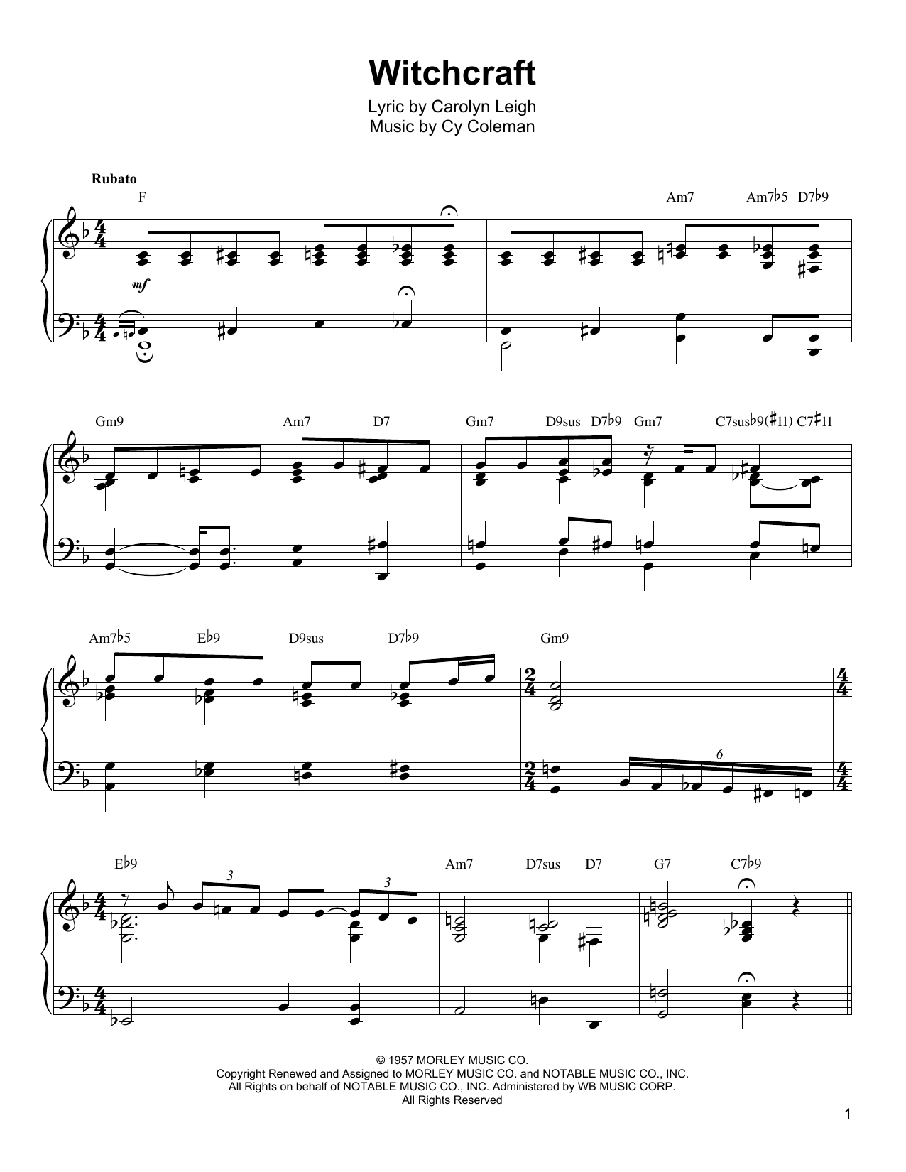 Download Oscar Peterson Witchcraft Sheet Music and learn how to play Piano Transcription PDF digital score in minutes