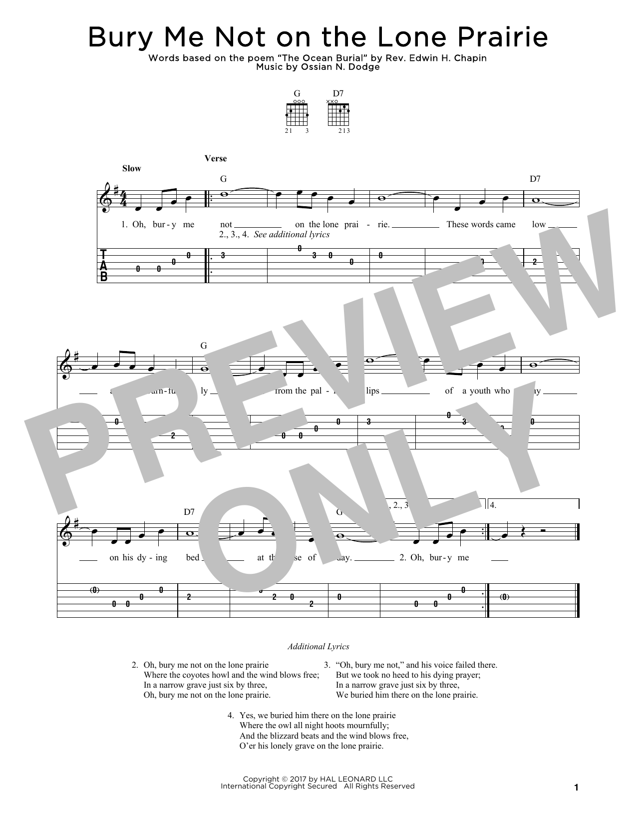 Download Ossian N. Dodge Bury Me Not On The Lone Prairie Sheet Music and learn how to play Guitar Tab PDF digital score in minutes
