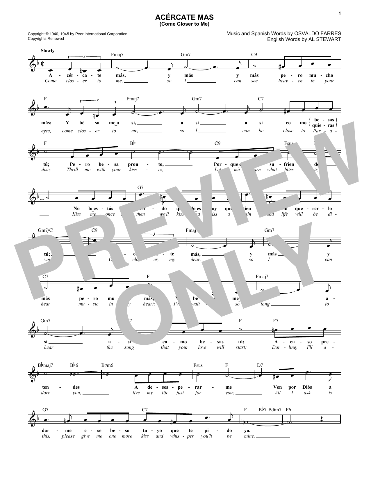 Download Osvaldo Farrés Acercate Más (Come Closer To Me) Sheet Music and learn how to play Real Book – Melody & Chords PDF digital score in minutes