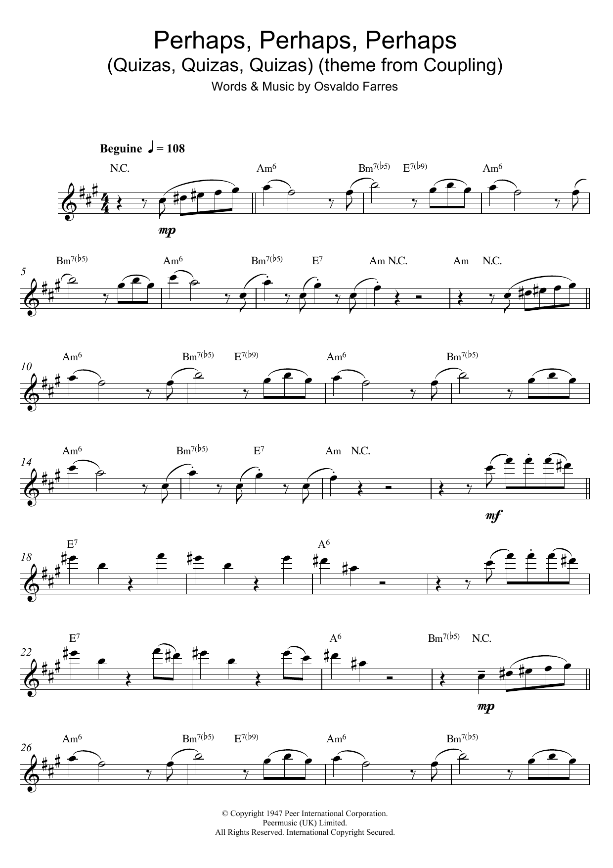 Download Osvaldo Farres Perhaps, Perhaps, Perhaps (Quizas, Quizas, Quizas) (theme from Coupling) Sheet Music and learn how to play Alto Saxophone PDF digital score in minutes