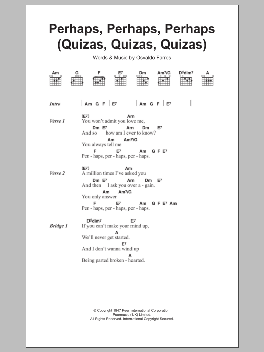 Download Osvaldo Farres Perhaps, Perhaps, Perhaps (Quizas, Quizas, Quizas) (theme from Coupling) Sheet Music and learn how to play Lyrics & Chords PDF digital score in minutes