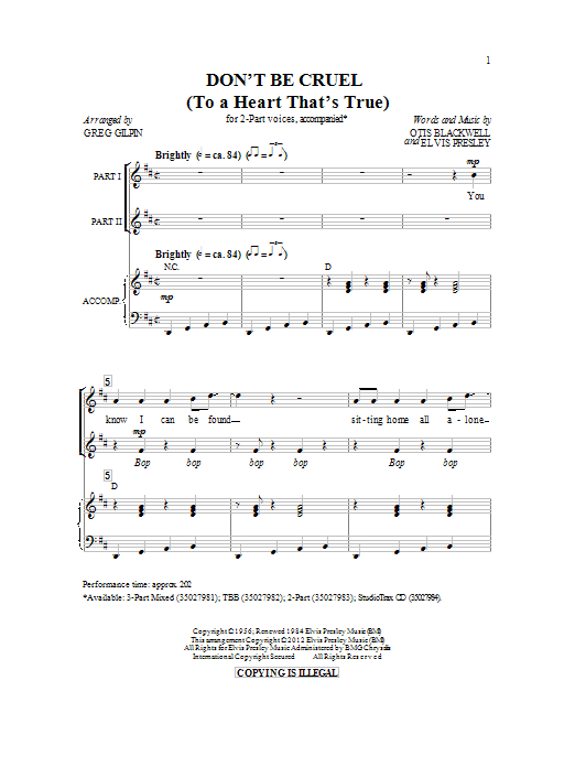 Download Otis Blackwell Don't Be Cruel (To A Heart That's True) Sheet Music and learn how to play TTBB PDF digital score in minutes