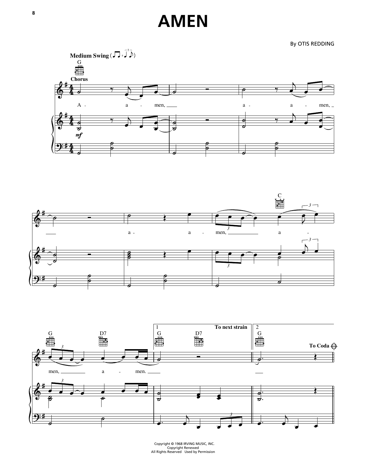 Download Otis Redding Amen Sheet Music and learn how to play Piano, Vocal & Guitar Chords (Right-Hand Melody) PDF digital score in minutes