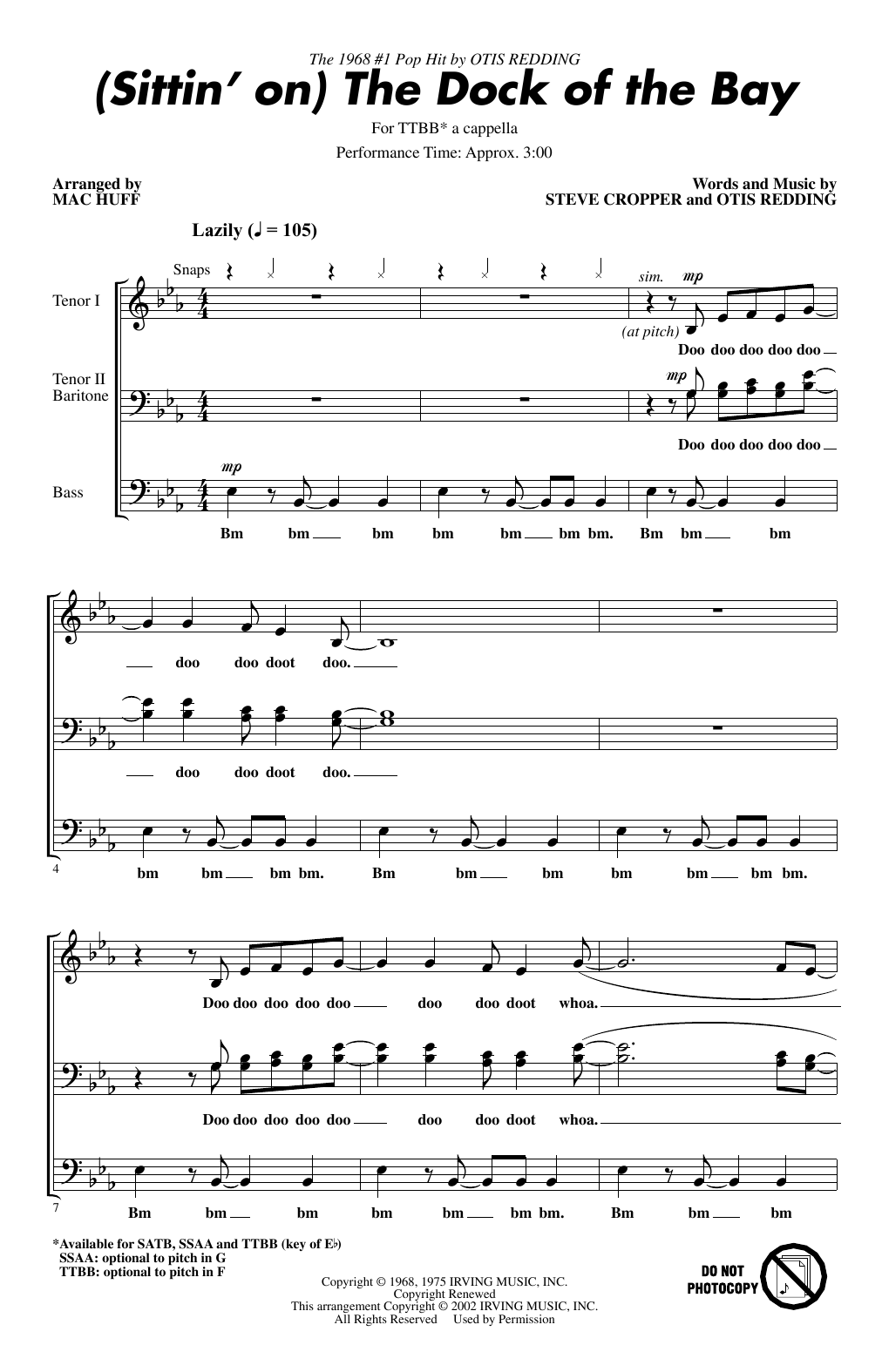 Download Otis Redding (Sittin' On) The Dock Of The Bay (arr. Mac Huff) Sheet Music and learn how to play SATB Choir PDF digital score in minutes