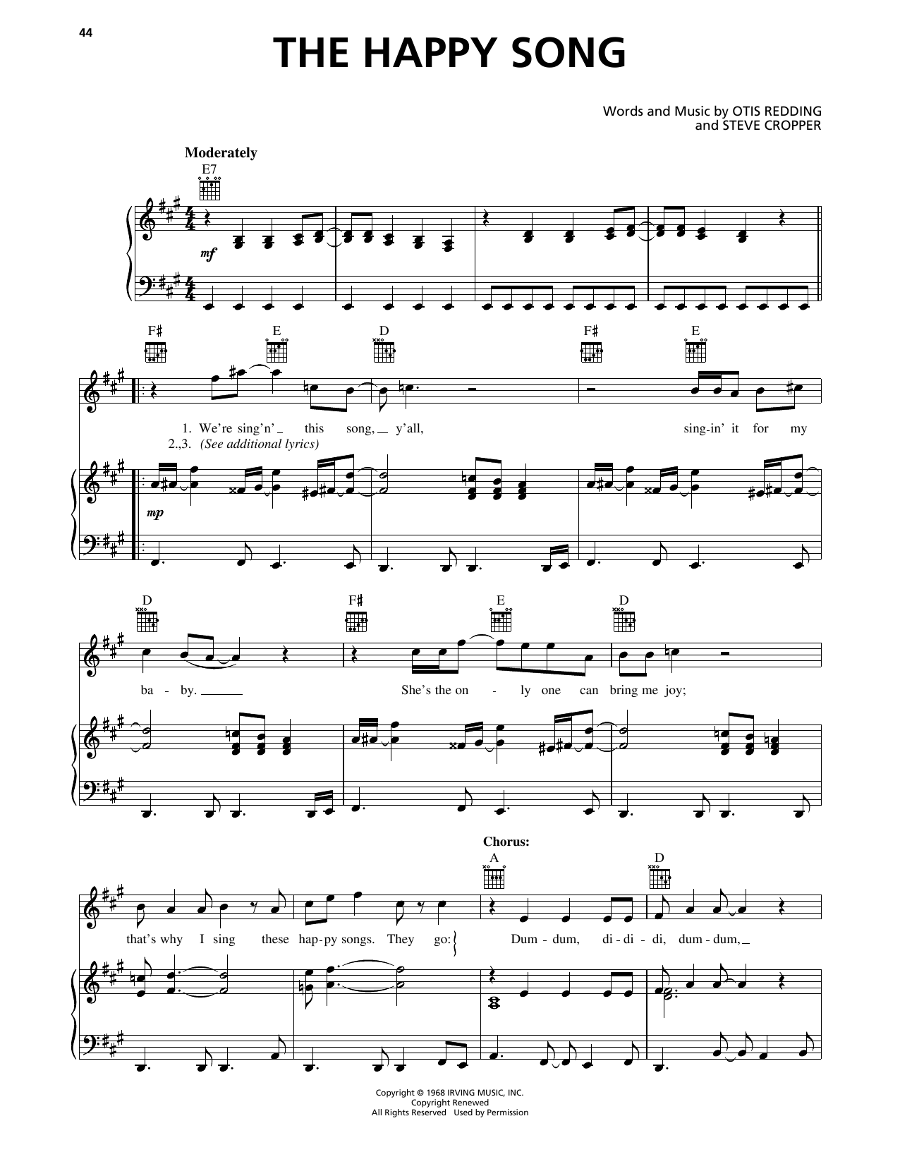 Download Otis Redding The Happy Song Sheet Music and learn how to play Piano, Vocal & Guitar Chords (Right-Hand Melody) PDF digital score in minutes