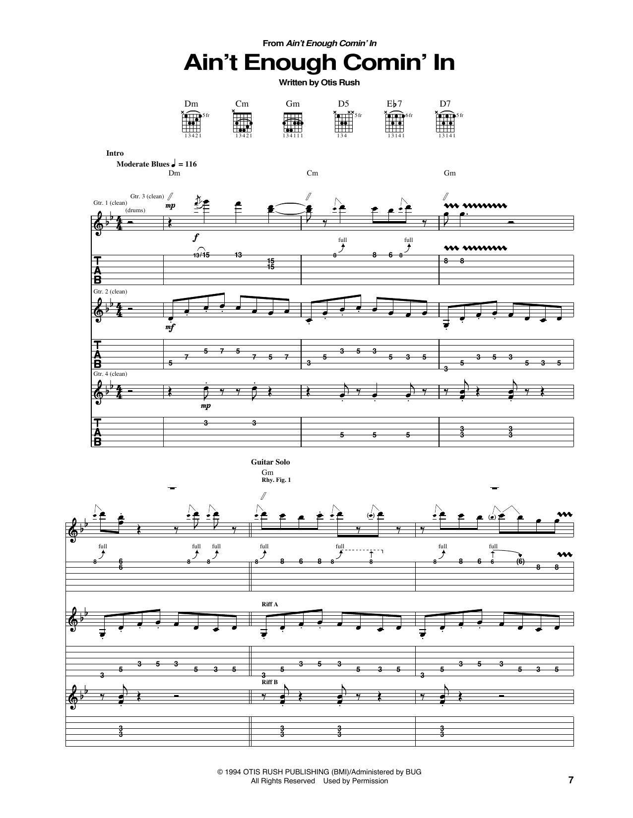 Download Otis Rush Ain't Enough Comin' In Sheet Music and learn how to play Guitar Tab PDF digital score in minutes