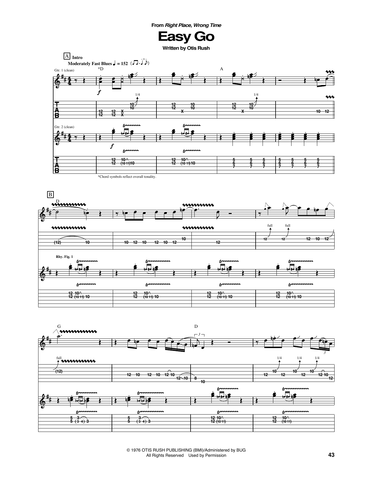 Download Otis Rush Easy Go Sheet Music and learn how to play Guitar Tab PDF digital score in minutes