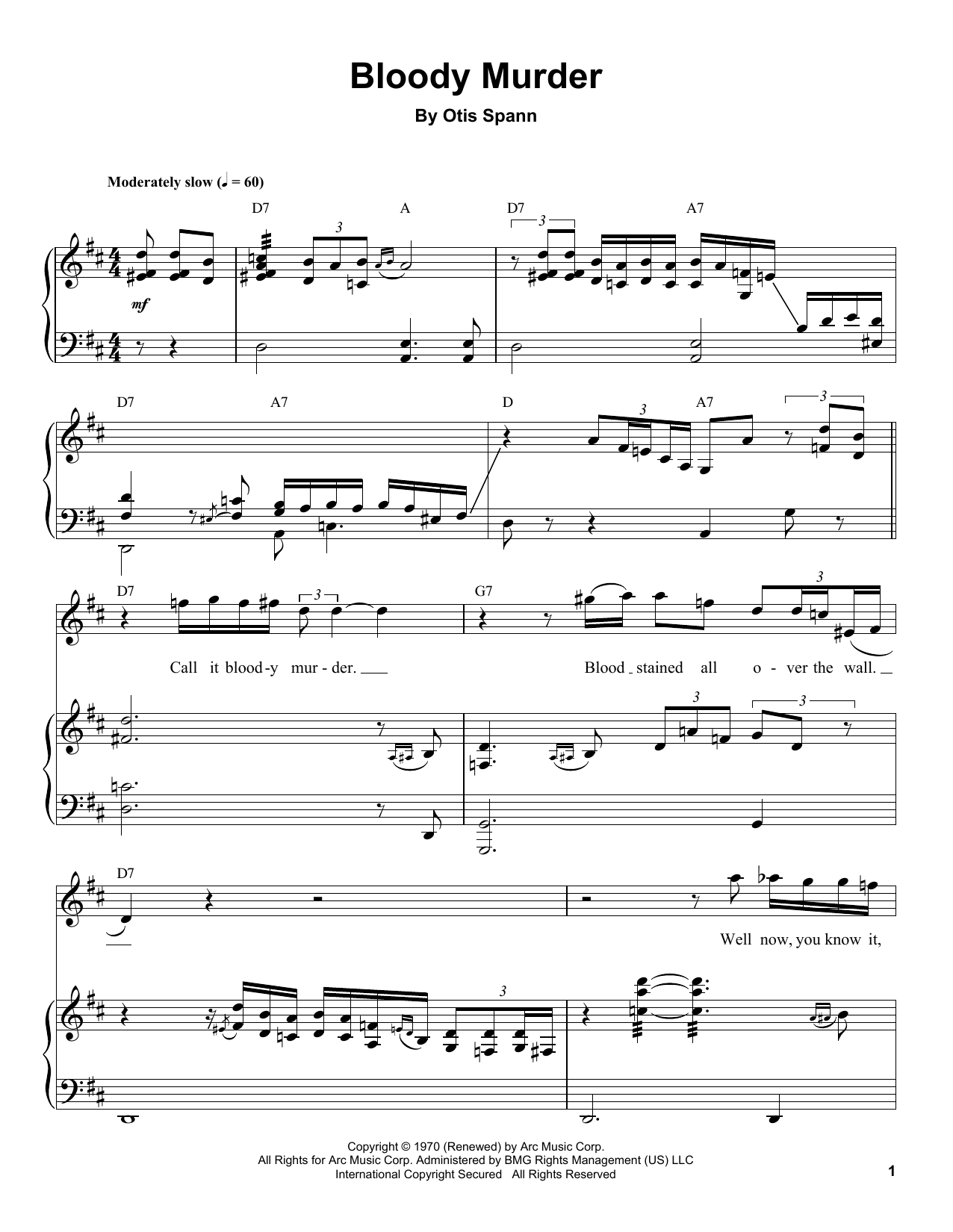 Download Otis Spann Bloody Murder Sheet Music and learn how to play Piano Transcription PDF digital score in minutes