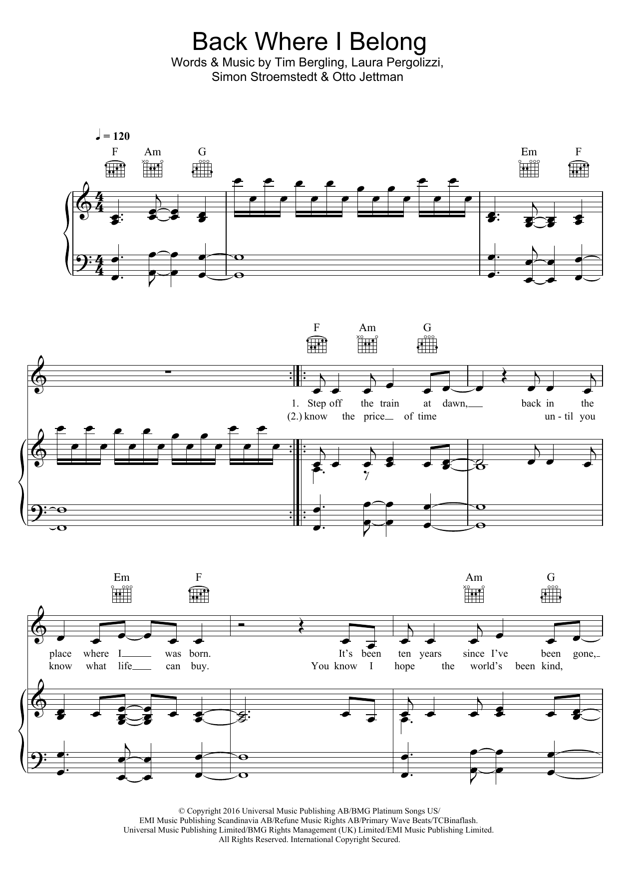 Download Otto Knows Back Where I Belong (feat. Avicii) Sheet Music and learn how to play Piano, Vocal & Guitar (Right-Hand Melody) PDF digital score in minutes