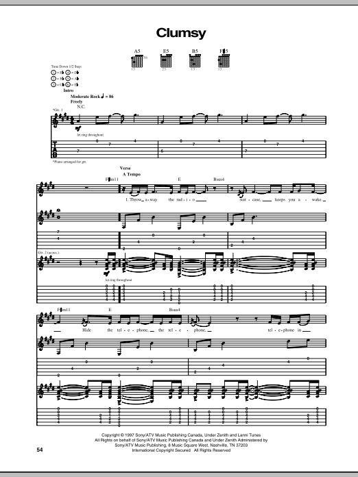 Download Our Lady Peace Clumsy Sheet Music and learn how to play Guitar Tab PDF digital score in minutes