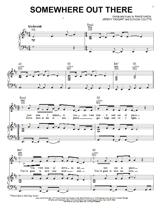 Download Our Lady Peace Somewhere Out There Sheet Music and learn how to play Piano, Vocal & Guitar (Right-Hand Melody) PDF digital score in minutes