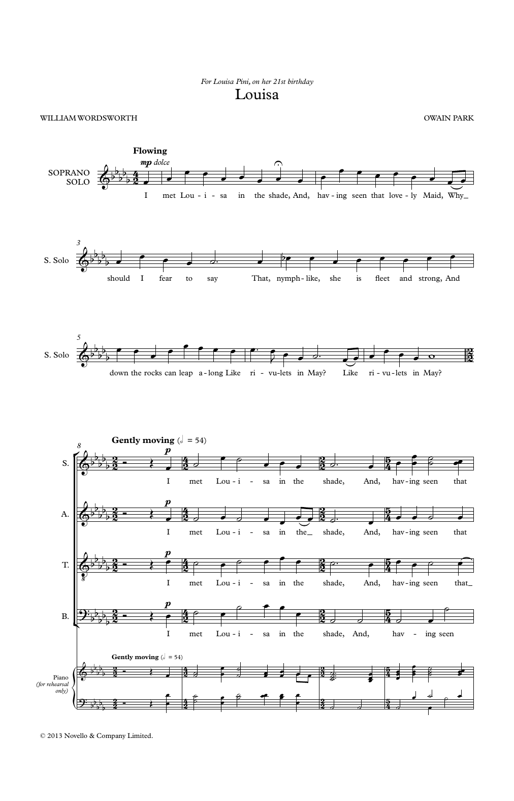 Download Owain Park Louisa Sheet Music and learn how to play SATB Choir PDF digital score in minutes