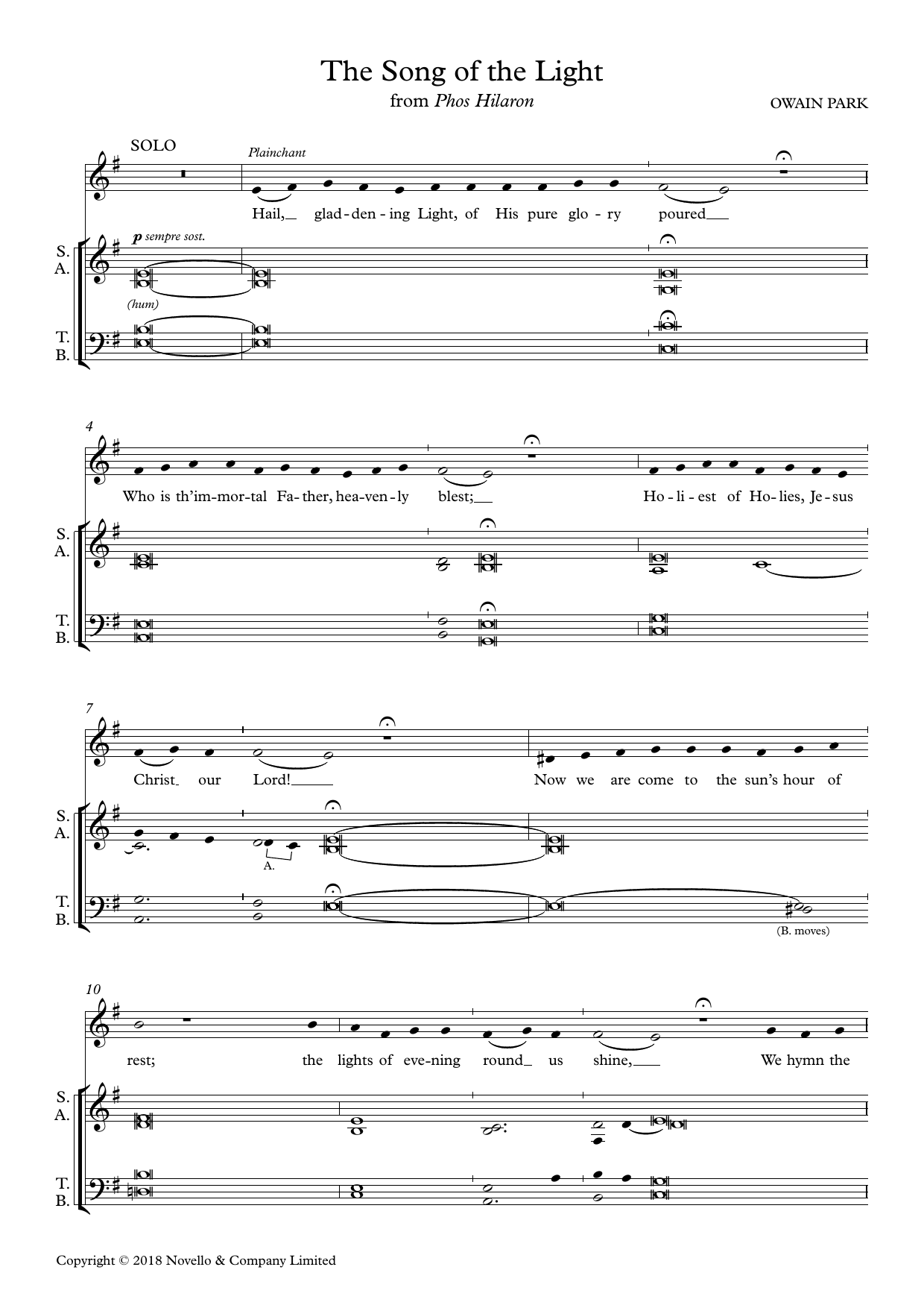 Download Owain Park The Song Of The Light (from Phos Hilaron) Sheet Music and learn how to play SATB Choir PDF digital score in minutes