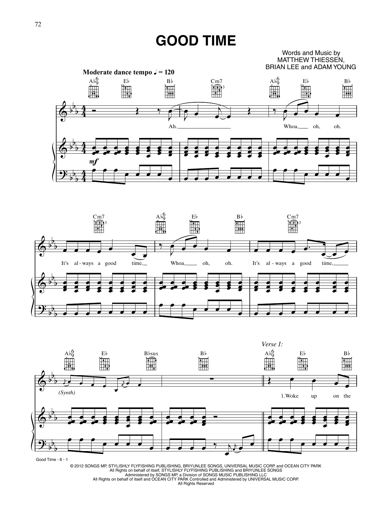 Download Owl City and Carly Rae Jepsen Good Time Sheet Music and learn how to play Piano, Vocal & Guitar Chords (Right-Hand Melody) PDF digital score in minutes