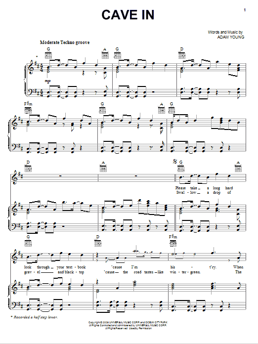 Download Owl City Cave In Sheet Music and learn how to play Piano, Vocal & Guitar (Right-Hand Melody) PDF digital score in minutes