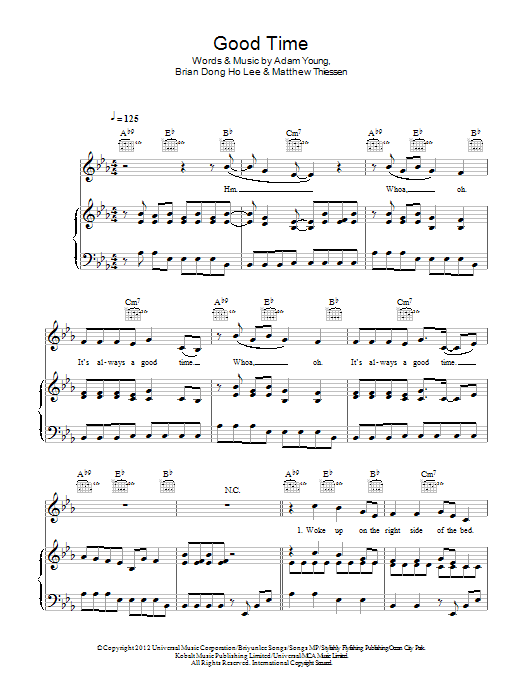 Download Owl City Good Time (feat. Carly Rae Jepsen) Sheet Music and learn how to play Piano, Vocal & Guitar (Right-Hand Melody) PDF digital score in minutes