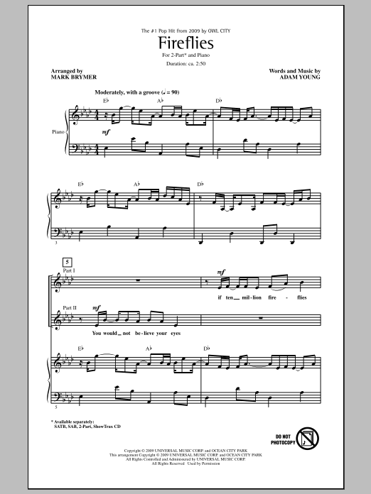 Download Owl City Fireflies (arr. Mark Brymer) Sheet Music and learn how to play 2-Part Choir PDF digital score in minutes