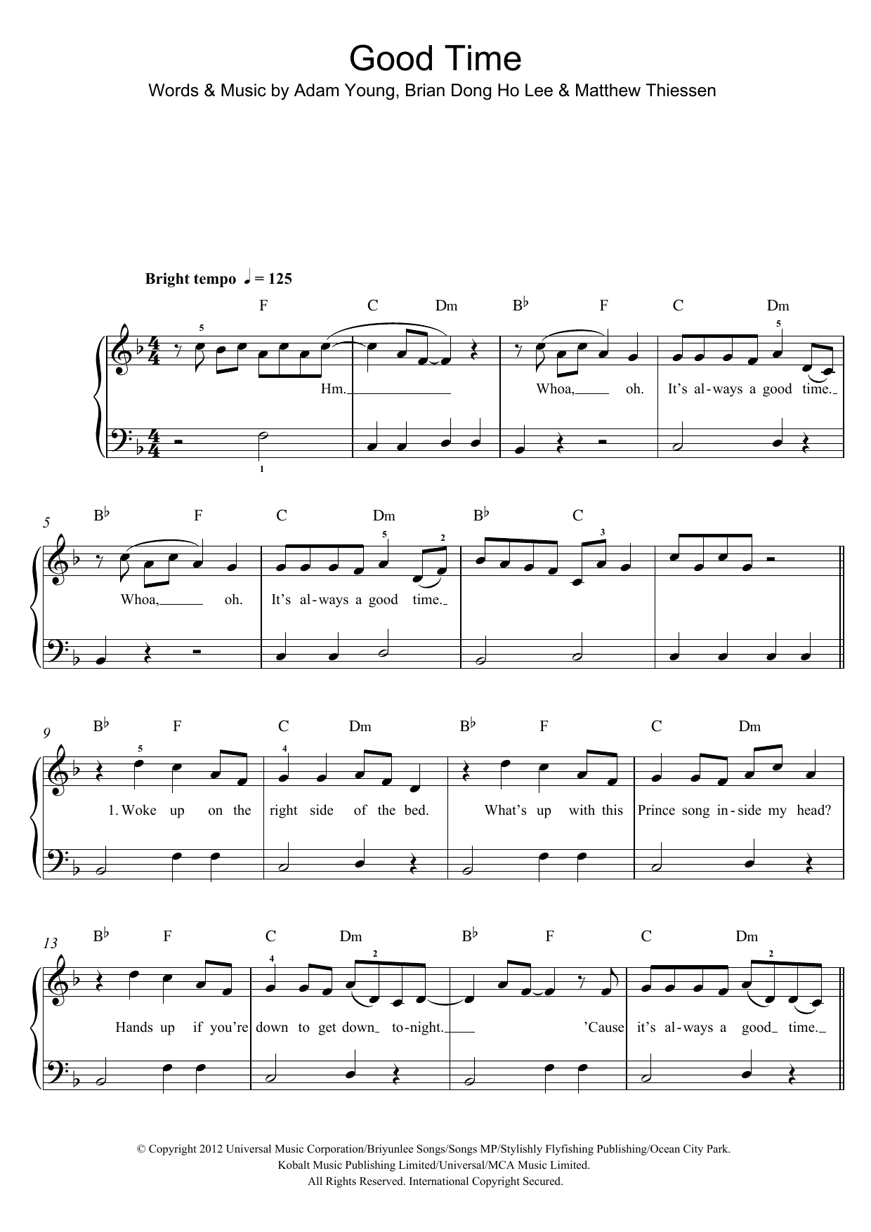 Download Owl City Good Time (feat. Carly Rae Jepsen) Sheet Music and learn how to play Easy Piano PDF digital score in minutes