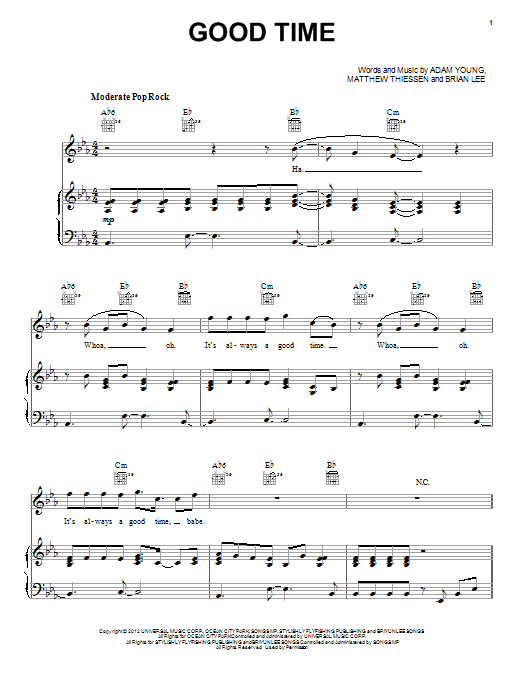 Download Owl City Good Time Sheet Music and learn how to play Piano, Vocal & Guitar (Right-Hand Melody) PDF digital score in minutes