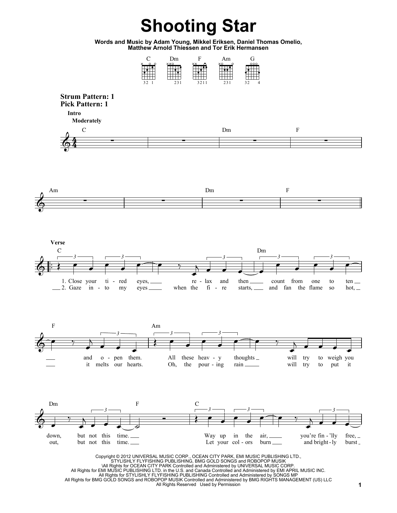 Download Owl City Shooting Star Sheet Music and learn how to play Easy Guitar PDF digital score in minutes