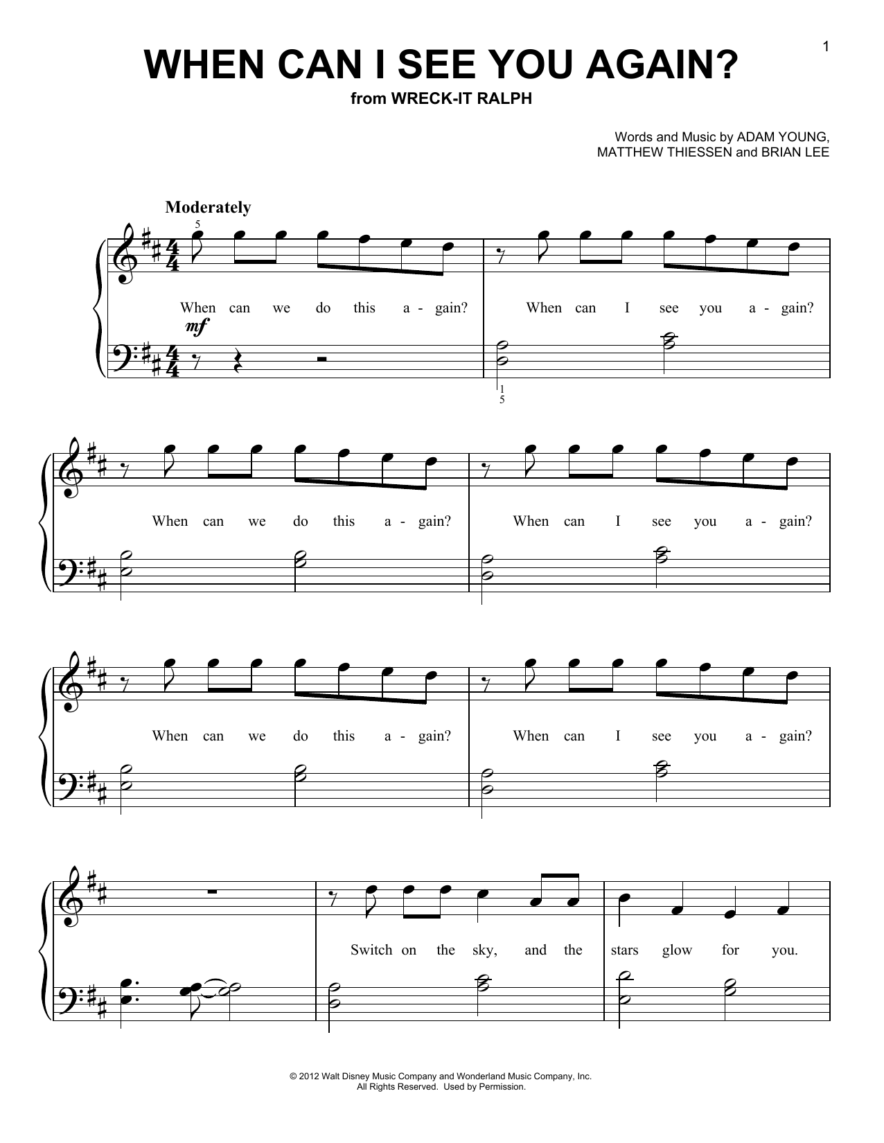 Download Owl City When Can I See You Again? (from Wreck-It Ralph) Sheet Music and learn how to play Very Easy Piano PDF digital score in minutes