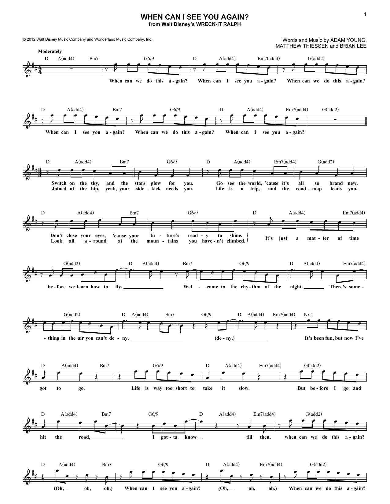 Download Owl City When Can I See You Again? Sheet Music and learn how to play Melody Line, Lyrics & Chords PDF digital score in minutes