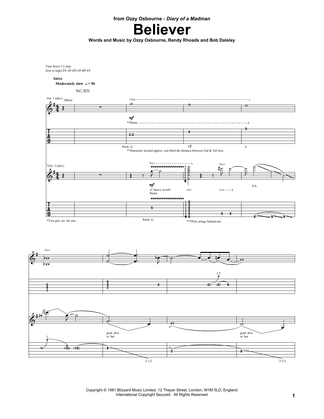 Download Ozzy Osbourne Believer Sheet Music and learn how to play Guitar Tab PDF digital score in minutes