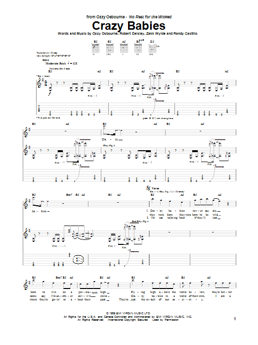 Download Ozzy Osbourne Crazy Babies Sheet Music and learn how to play Guitar Tab PDF digital score in minutes