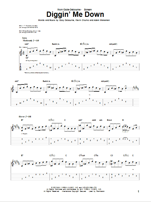 Download Ozzy Osbourne Diggin' Me Down Sheet Music and learn how to play Guitar Tab PDF digital score in minutes