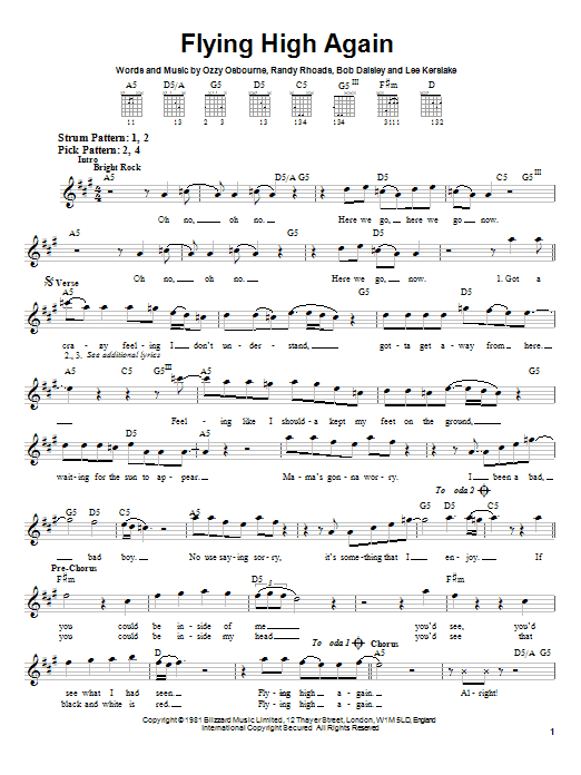 Download Ozzy Osbourne Flying High Again Sheet Music and learn how to play Guitar Tab PDF digital score in minutes