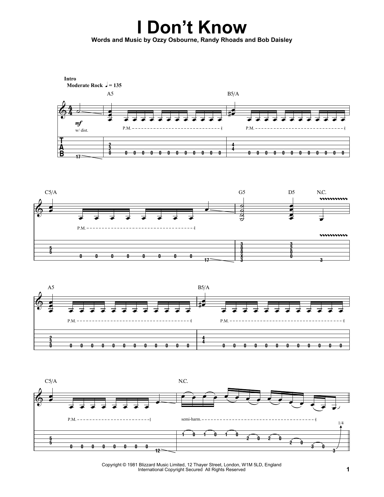 Download Ozzy Osbourne I Don't Know Sheet Music and learn how to play Guitar Tab PDF digital score in minutes