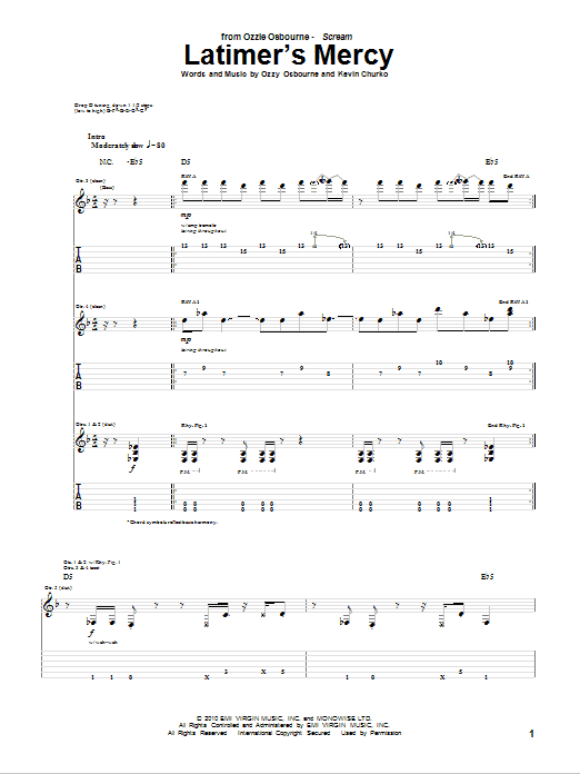 Download Ozzy Osbourne Latimer's Mercy Sheet Music and learn how to play Guitar Tab PDF digital score in minutes