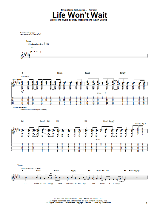 Download Ozzy Osbourne Life Won't Wait Sheet Music and learn how to play Guitar Tab PDF digital score in minutes