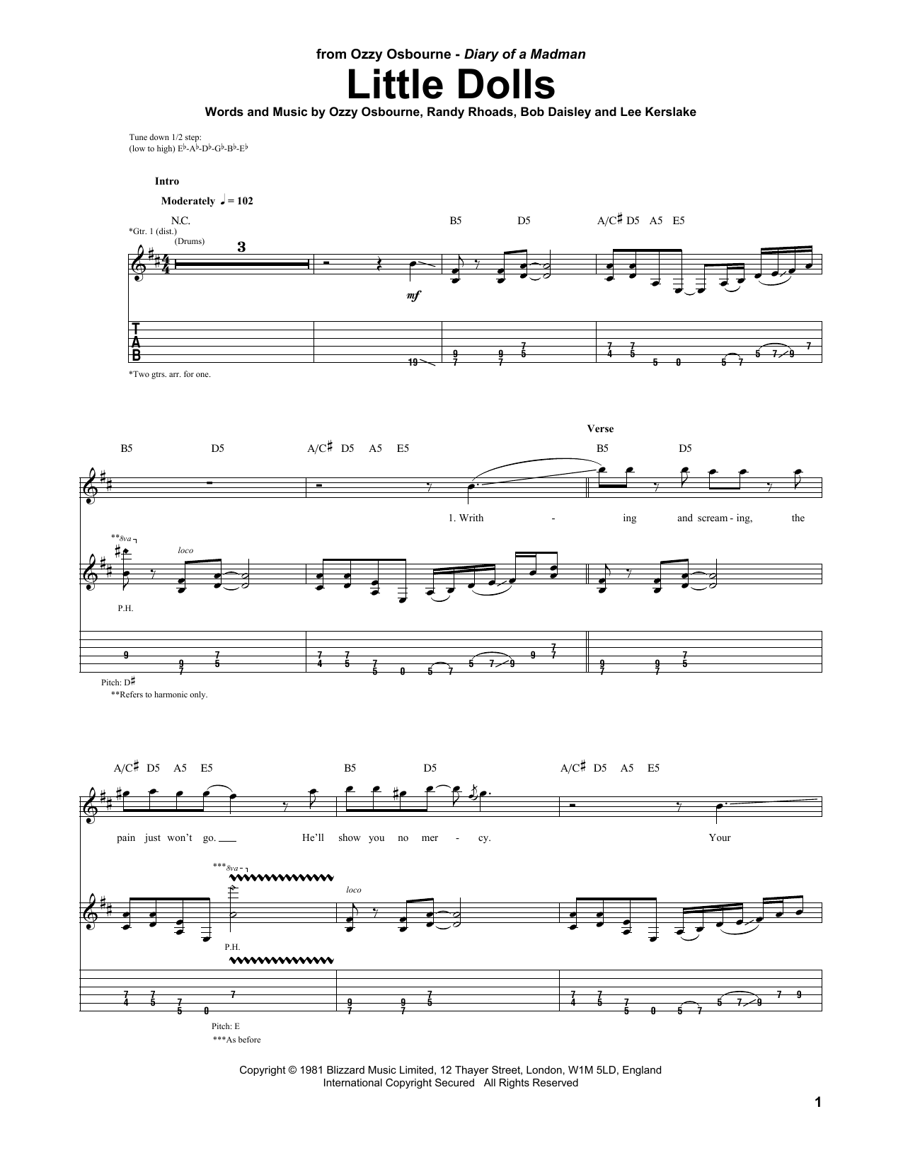 Download Ozzy Osbourne Little Dolls Sheet Music and learn how to play Guitar Tab PDF digital score in minutes