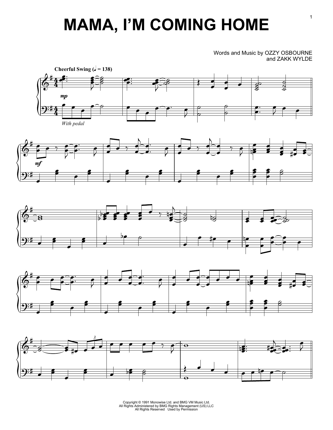 Download Ozzy Osbourne Mama, I'm Coming Home Sheet Music and learn how to play Piano PDF digital score in minutes