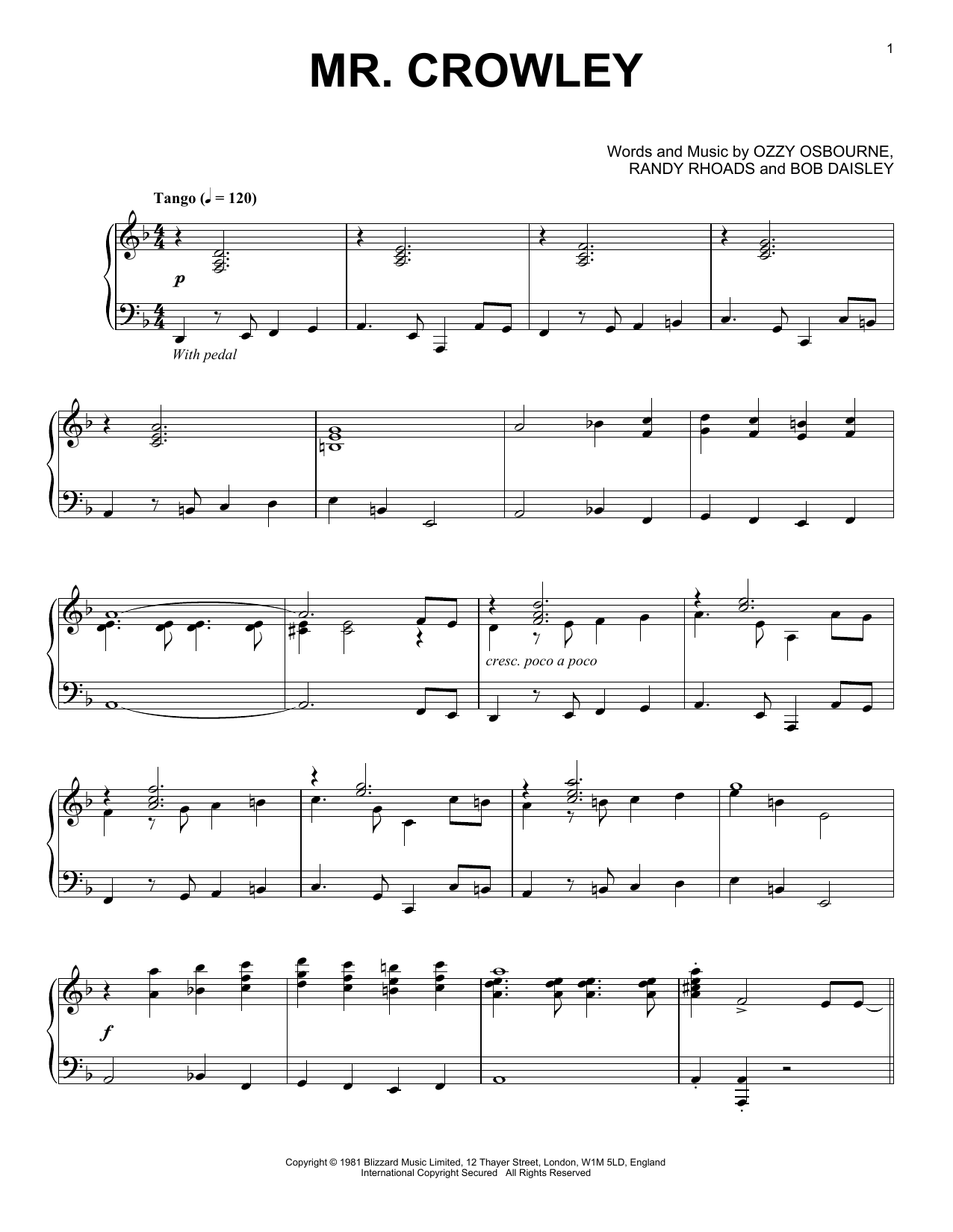 Download Ozzy Osbourne Mr. Crowley Sheet Music and learn how to play Piano PDF digital score in minutes