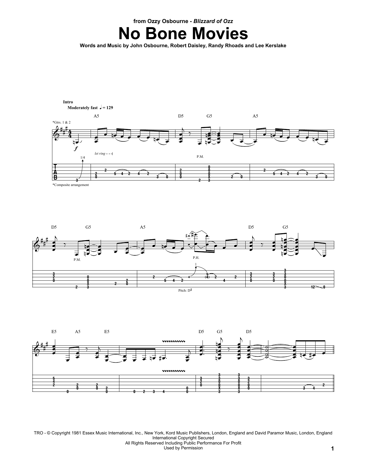 Download Ozzy Osbourne No Bone Movies Sheet Music and learn how to play Guitar Tab PDF digital score in minutes