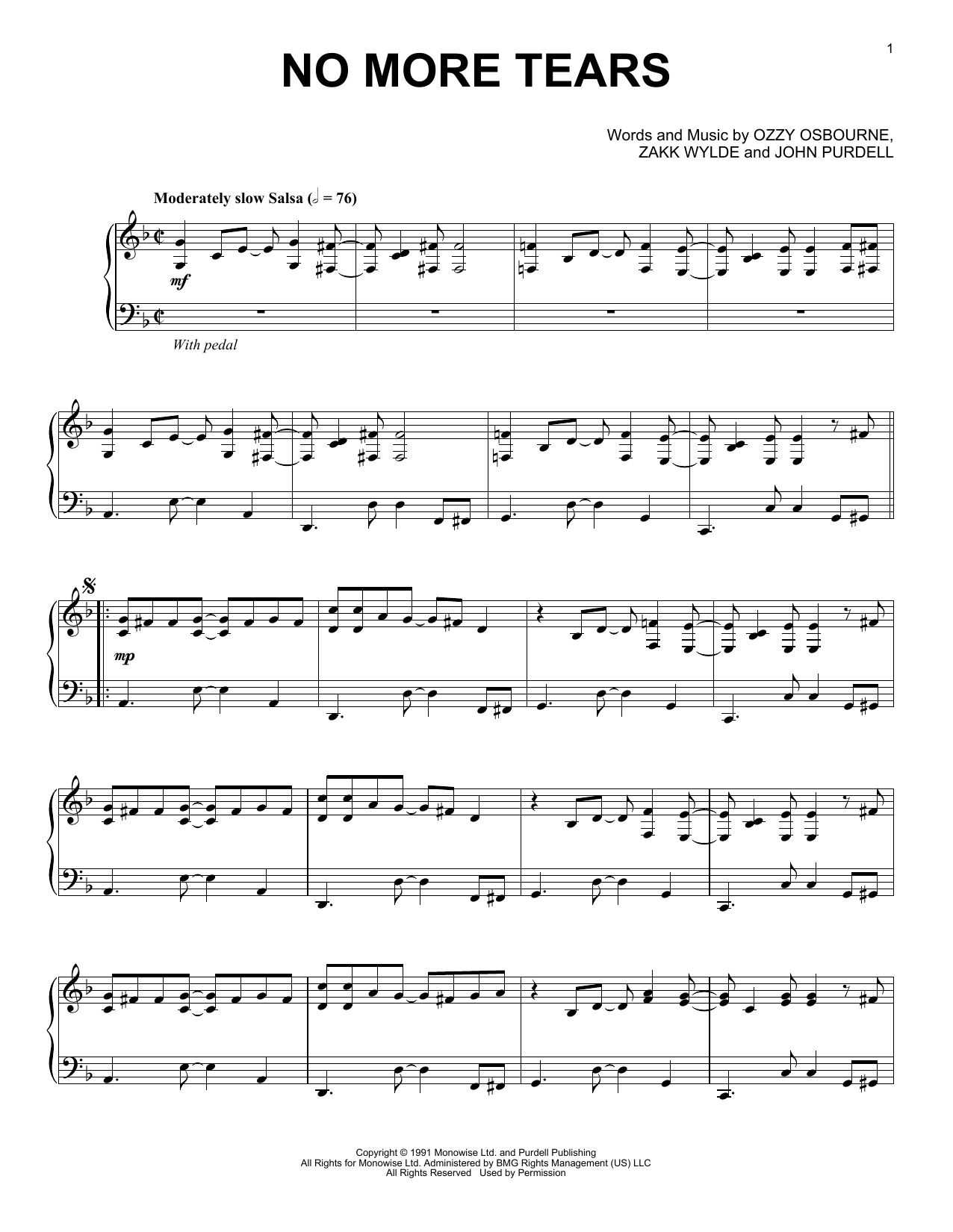 Download Ozzy Osbourne No More Tears Sheet Music and learn how to play Piano PDF digital score in minutes