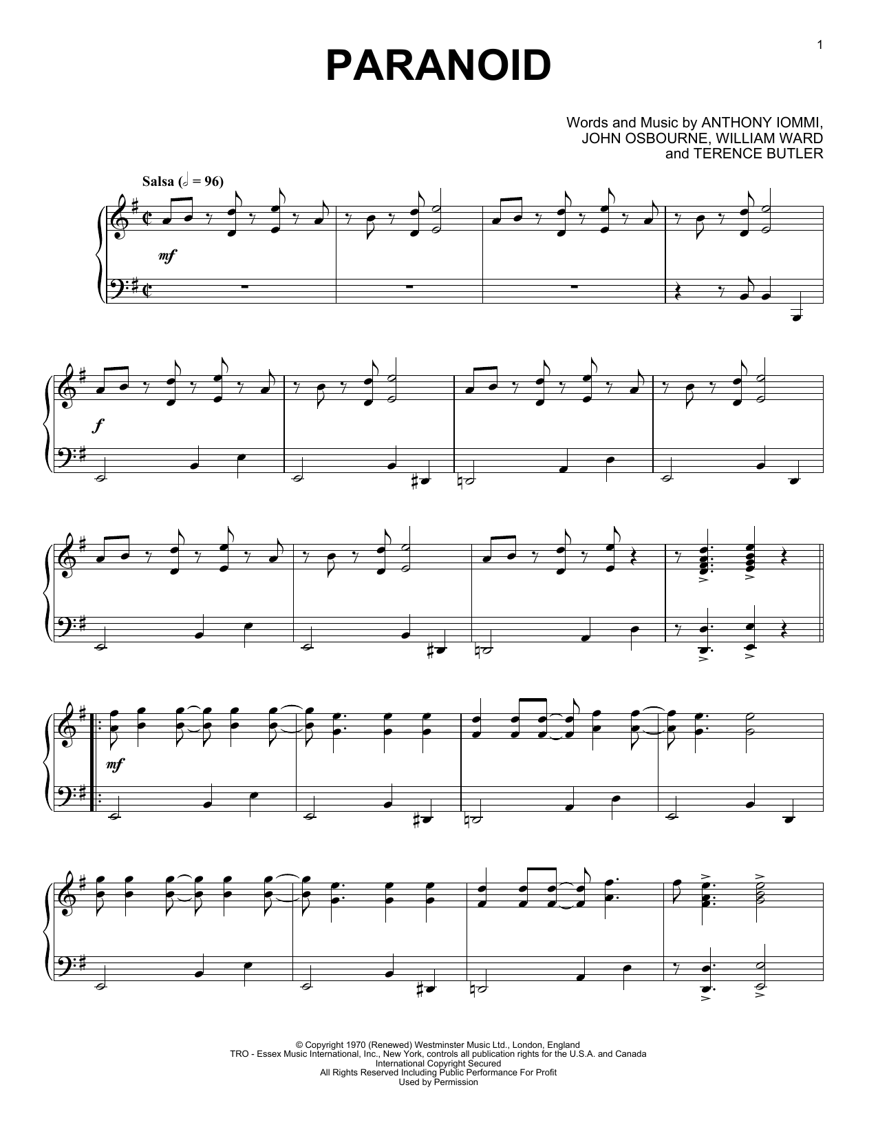 Download Black Sabbath Paranoid Sheet Music and learn how to play Piano PDF digital score in minutes