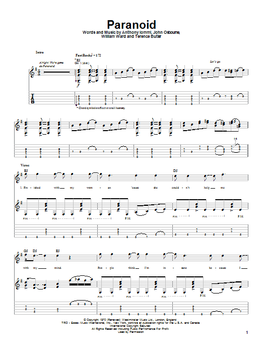 Download Ozzy Osbourne Paranoid Sheet Music and learn how to play Guitar Tab PDF digital score in minutes