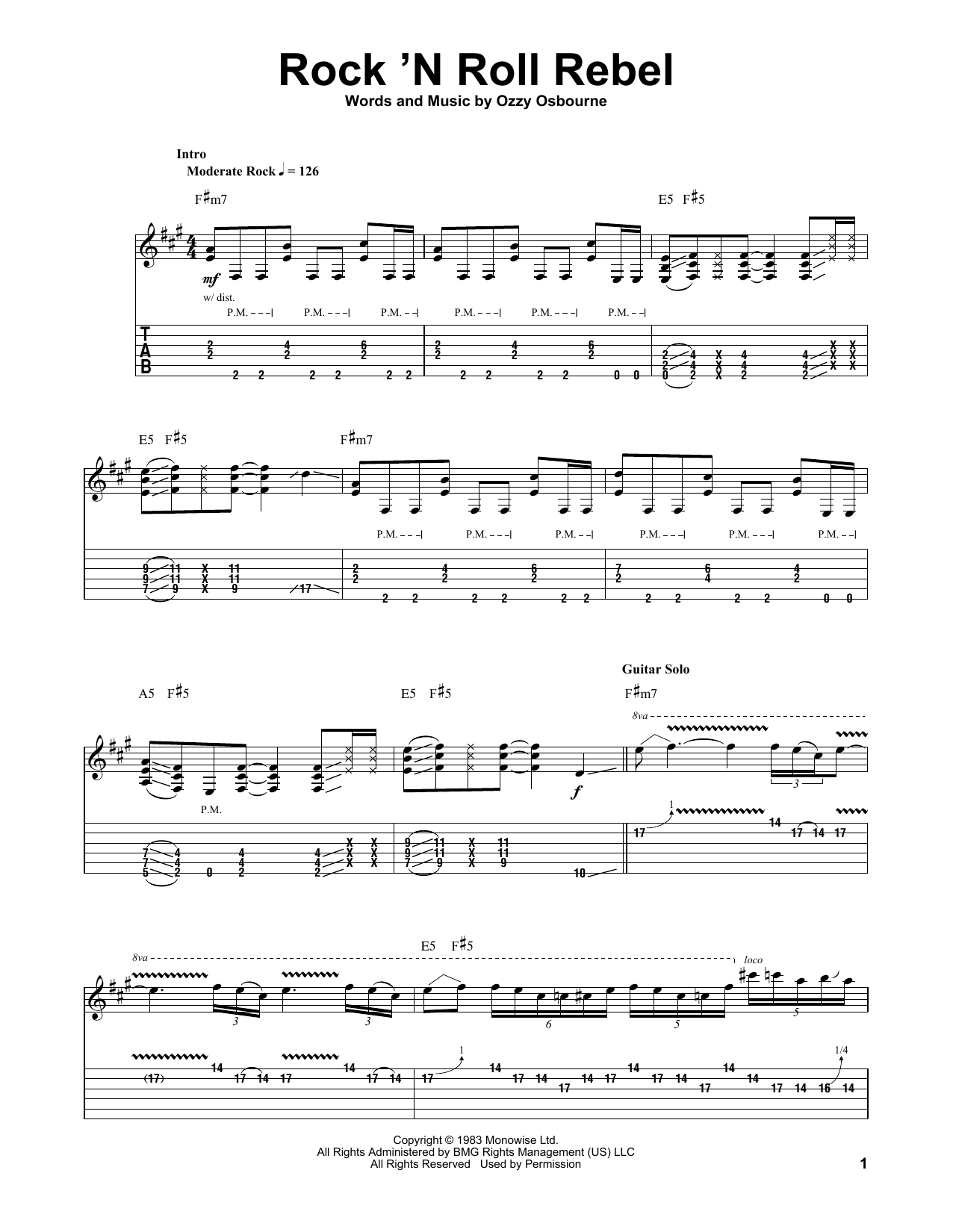 Download Ozzy Osbourne Rock 'N Roll Rebel Sheet Music and learn how to play Guitar Tab PDF digital score in minutes