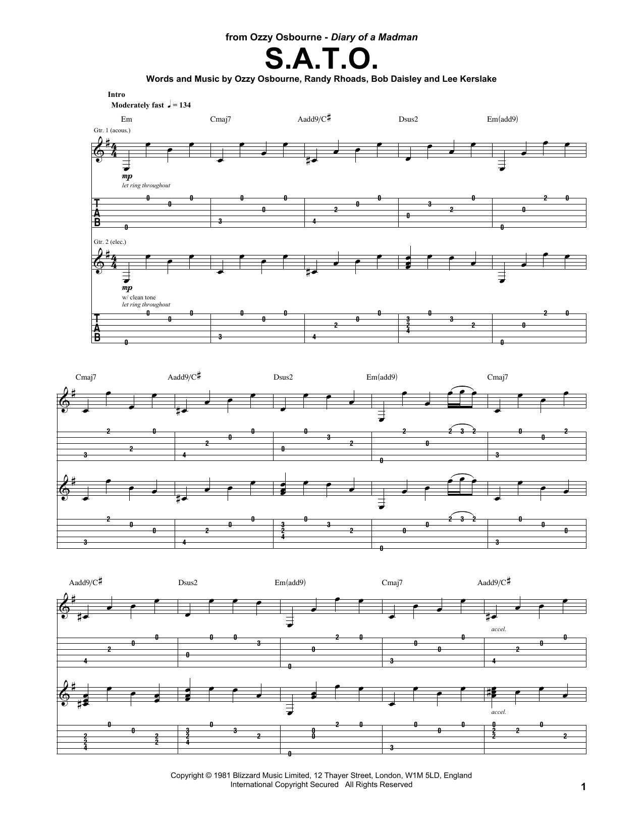 Download Ozzy Osbourne S.A.T.O. Sheet Music and learn how to play Guitar Tab PDF digital score in minutes