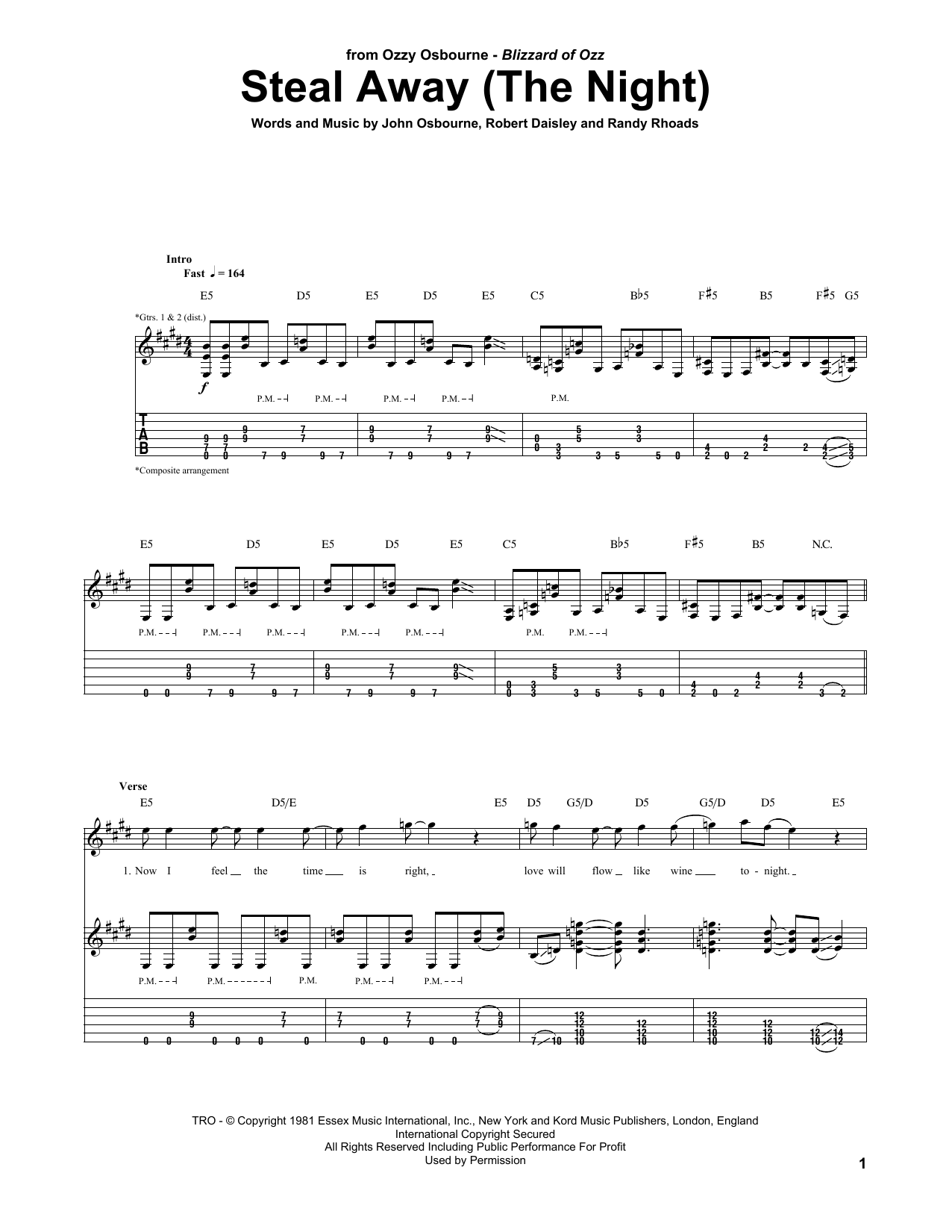 Download Ozzy Osbourne Steal Away (The Night) Sheet Music and learn how to play Guitar Tab PDF digital score in minutes