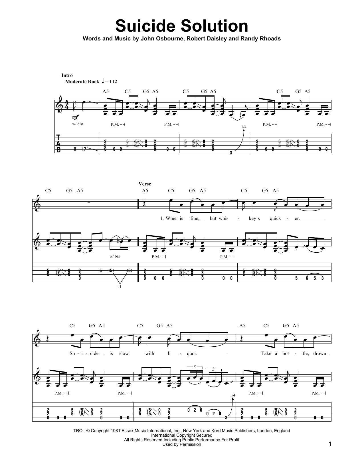 Download Ozzy Osbourne Suicide Solution Sheet Music and learn how to play Guitar Tab (Single Guitar) PDF digital score in minutes