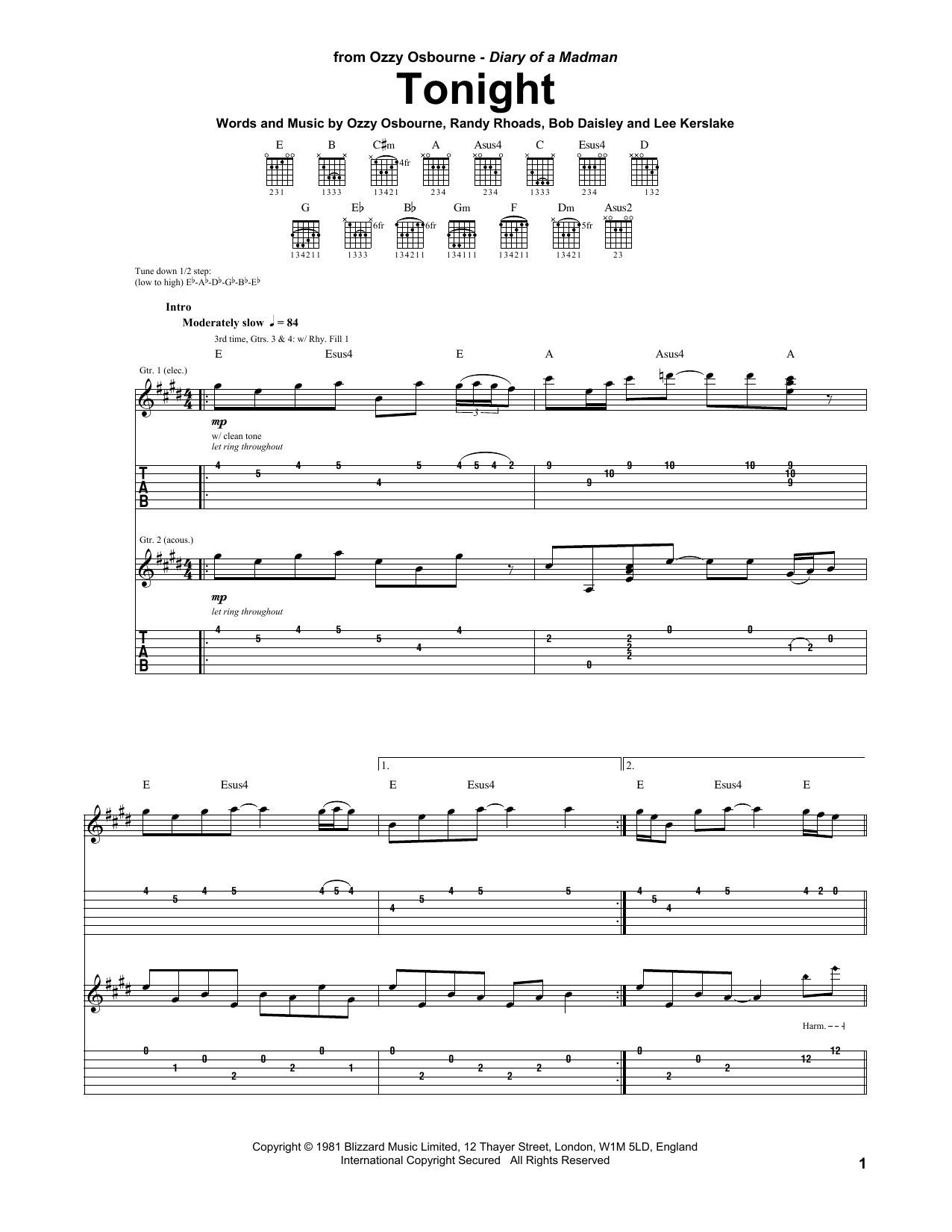 Download Ozzy Osbourne Tonight Sheet Music and learn how to play Guitar Tab PDF digital score in minutes