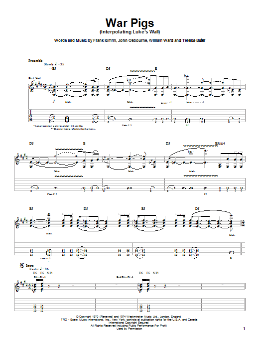 Download Ozzy Osbourne War Pigs (Interpolating Luke's Wall) Sheet Music and learn how to play Guitar Tab PDF digital score in minutes