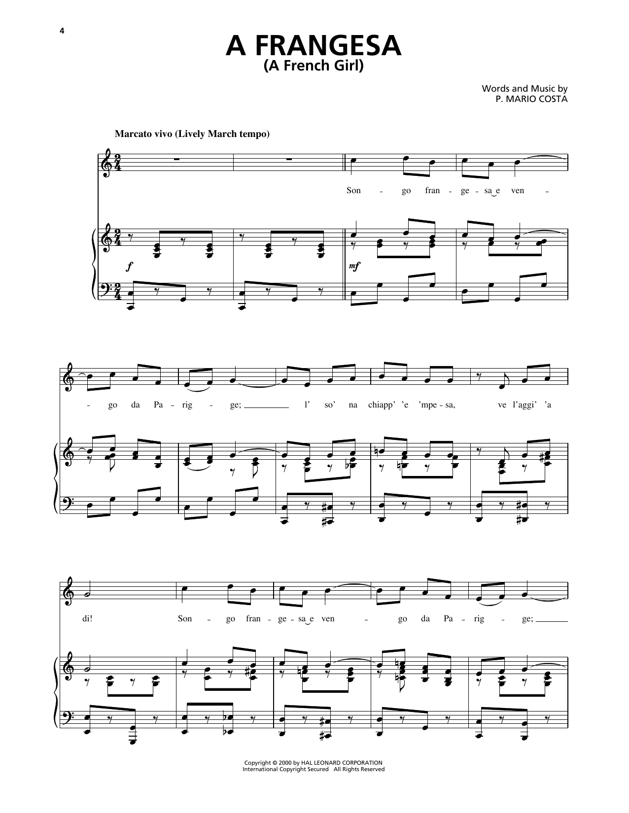 Download P. Mario Costa A Frangesa (A French Girl) Sheet Music and learn how to play Piano, Vocal & Guitar Chords (Right-Hand Melody) PDF digital score in minutes