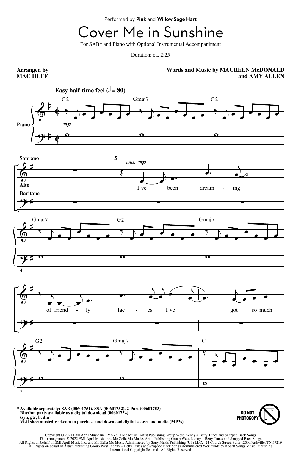 Download P!nk & Willow Sage Hart Cover Me In Sunshine (arr. Mac Huff) Sheet Music and learn how to play 2-Part Choir PDF digital score in minutes