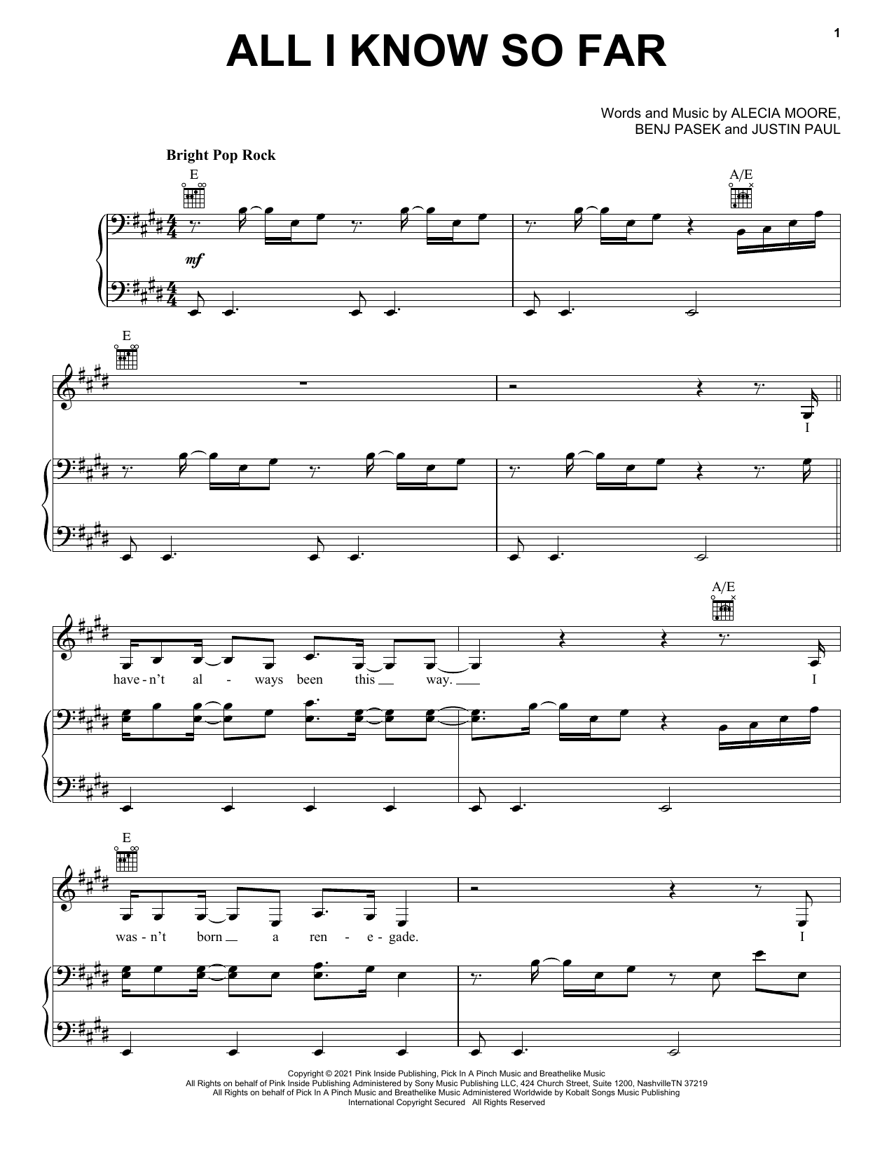 Download P!nk All I Know So Far Sheet Music and learn how to play Guitar Lead Sheet PDF digital score in minutes